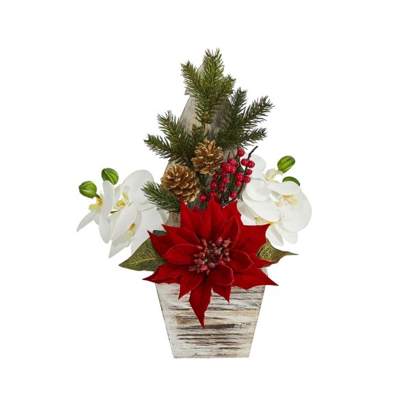 Poinsettia and Orchid Artificial Arrangement in Christmas Tree Vase