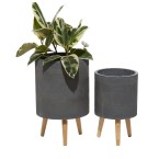 Gray Ceramic Indoor Outdoor Planter with Wood Legs Set of 2