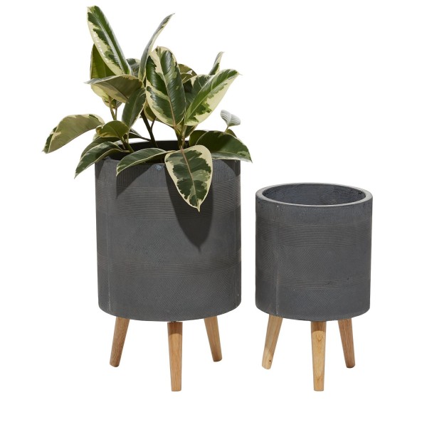 Gray Ceramic Indoor Outdoor Planter with Wood Legs Set of 2