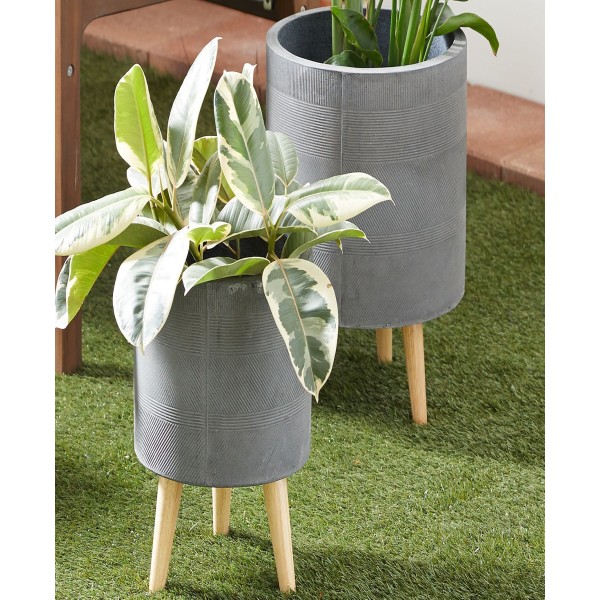 Gray Ceramic Indoor Outdoor Planter with Wood Legs Set of 2